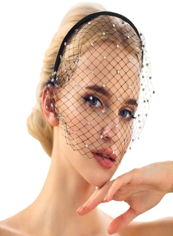 AEDOVE Black Mesh Veil Fascinator Headband 1920s Headpiece for Women, Black Funeral Veil with Rhinestones, for Tea Party Church Cocktail Birthdays for Girls Women Costume Accessories - Image 1